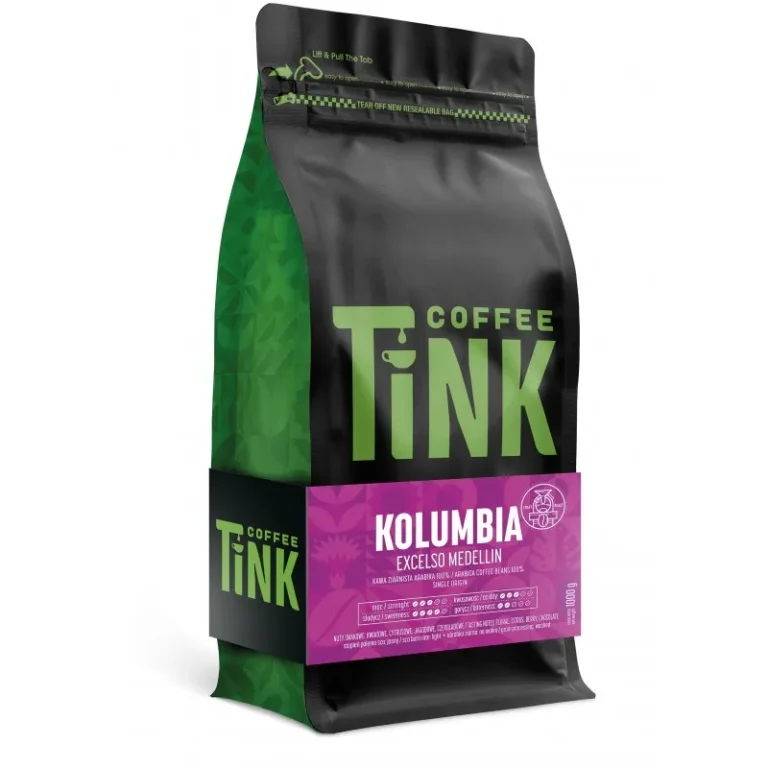 Opakowanie kawy Tink Kolumbia Excelsio Medellin w zielono-fioletowej torbie o pojemności 1000g.