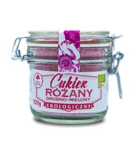Ekologiczny cukier różany drobno mielony w eleganckim słoiku o pojemności 120g.