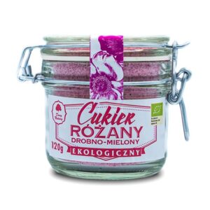 Ekologiczny cukier różany drobno mielony w eleganckim słoiku o pojemności 120g.