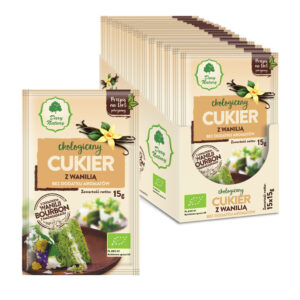 Ekologiczny cukier z wanilią Dary Natury, bez dodatku aromatów, opakowanie 15x15g. Idealny do deserów.
