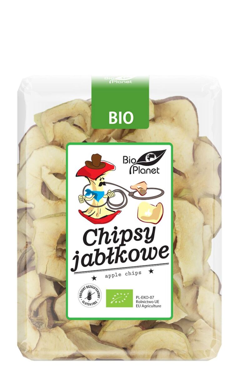 Opakowanie ekologicznych chipsów jabłkowych Bio Planet, bezglutenowe, certyfikowane w UE.