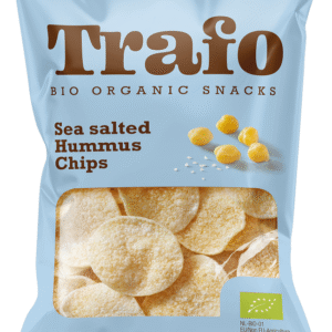 Opakowanie organicznych chipsów hummusowych Trafo z solą morską. Ekologiczne przekąski.