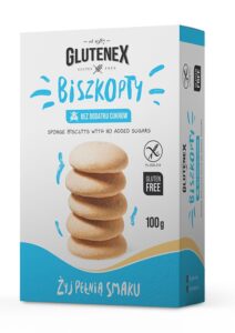 Opakowanie bezglutenowych biszkoptów Glutenex bez cukru, 100g, z tekstem Żyj pełnią smaku.