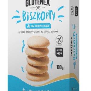 Opakowanie bezglutenowych biszkoptów Glutenex bez cukru, 100g, z tekstem Żyj pełnią smaku.