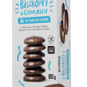 Opakowanie bezglutenowych biszkoptów w czekoladzie Glutenex, bez dodatku cukru, 80 g.