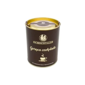 Brązowa puszka gorącej czekolady Chocotale z wieczkiem, idealna do samodzielnego przygotowania napoju.