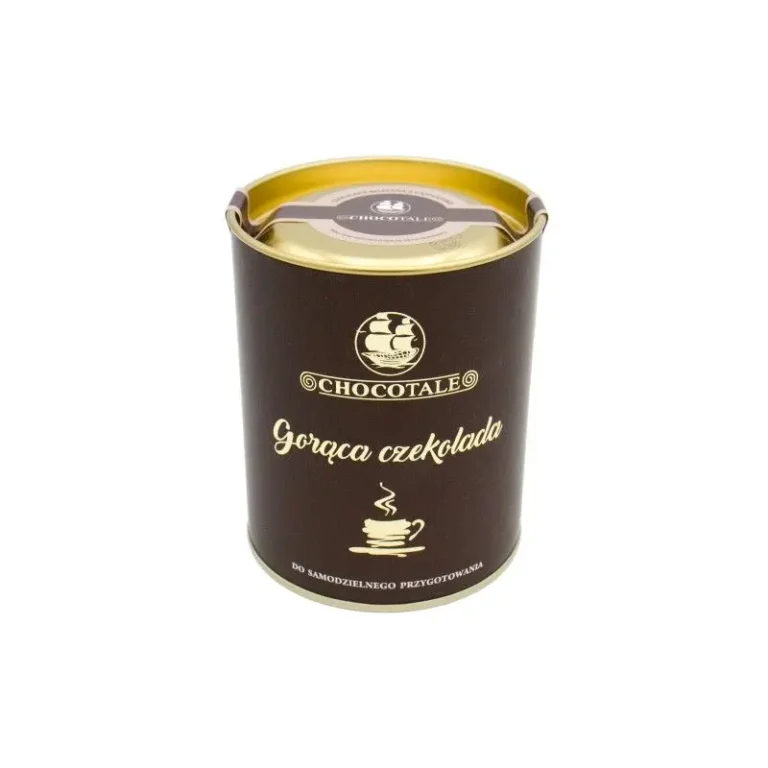 Brązowa puszka gorącej czekolady Chocotale z wieczkiem, idealna do samodzielnego przygotowania napoju.