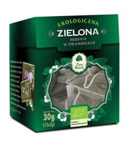 Ekologiczna zielona herbata w piramidkach z opakowaniem 30g marki Dary Natury, zdjęcie produktu.
