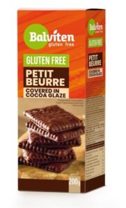 Opakowanie ciastek Balviten Petit Beurre bez glutenu, pokrytych polewą kakaową, 200g.