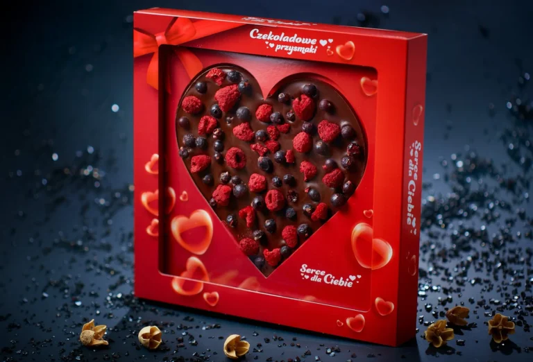 Czekoladowe serce z malinami i porzeczkami w czerwonym opakowaniu na ciemnym tle, obok rozsypane ozdoby.
