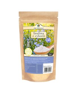 Opakowanie inuliny z cykorii 300g marki Pięć Przemian na tle zdjęcia kwiatów cykorii.