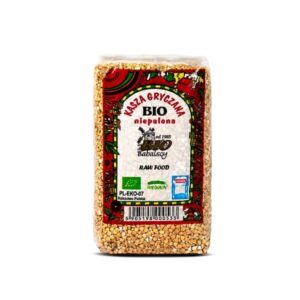 Opakowanie kaszy gryczanej bio niepalonej marki Białobrzegi, z etykietą i certyfikatami ekologicznymi.