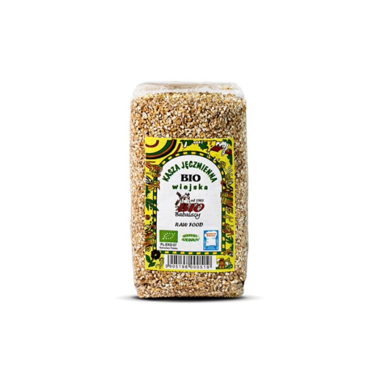 Opakowanie kaszy jęczmiennej BIO wiójska marki Babalscy, z certyfikatem ekologiczności.