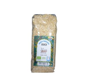 Opakowanie kaszy owsianej BIO marki BIO babalscy z etykietą i certyfikatem ekologicznym.