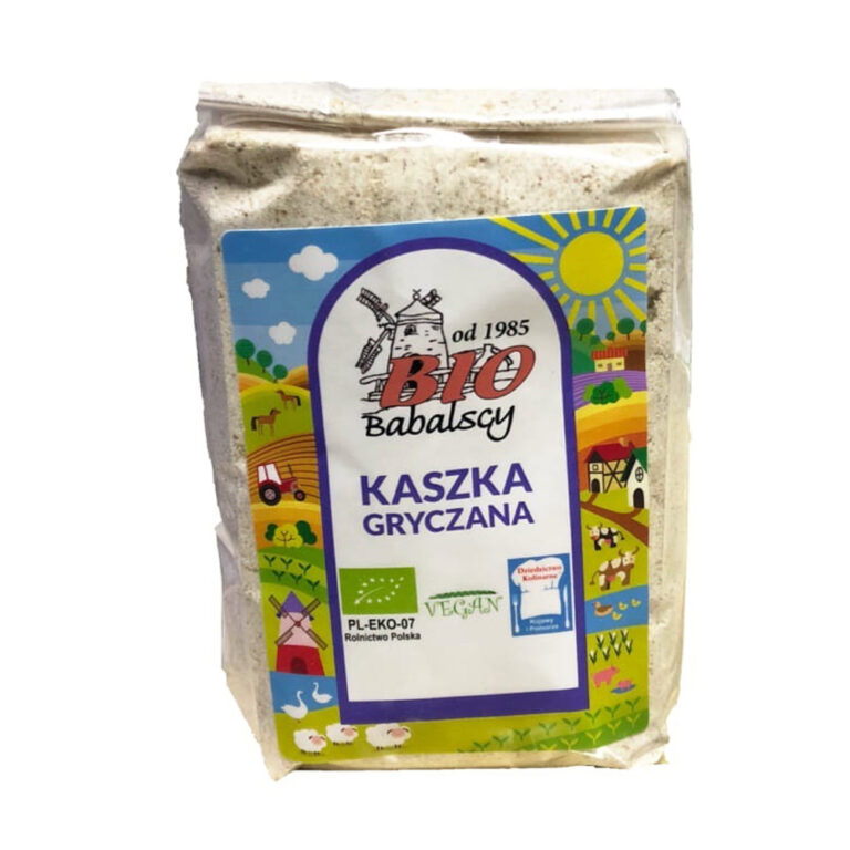 Opakowanie ekologicznej kaszki gryczanej Bio Babalscy z kolorowymi grafikami farmy na etykiecie.