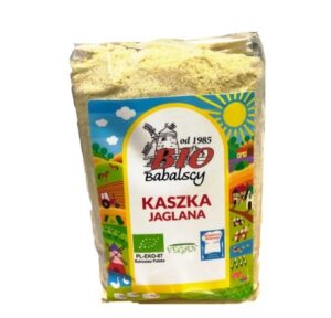Opakowanie kaszki jaglanej marki Bio Babalscy z kolorową grafiką promującą produkt ekologiczny i wegański.