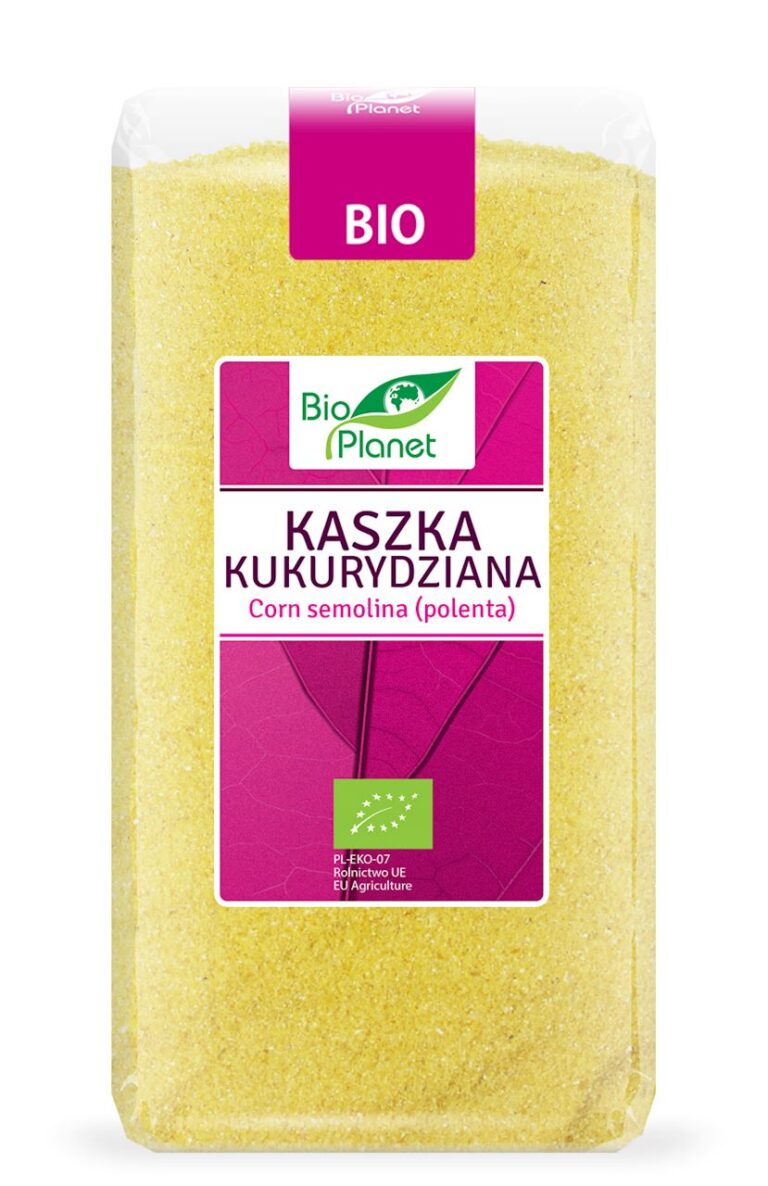 Opakowanie bio kaszki kukurydzianej Bio Planet, z certyfikatem ekologicznym UE.