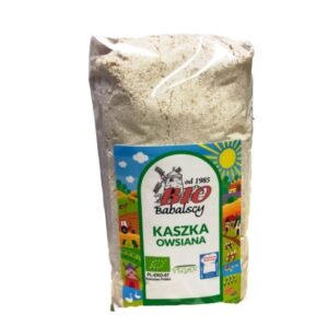 Opakowanie ekologicznej kaszki owsianej Bio Babalscy, z kolorową etykietą i certyfikatem wegańskim.