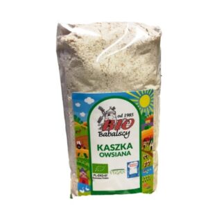 Opakowanie ekologicznej kaszki owsianej Bio Babalscy, z kolorową etykietą i certyfikatem wegańskim.