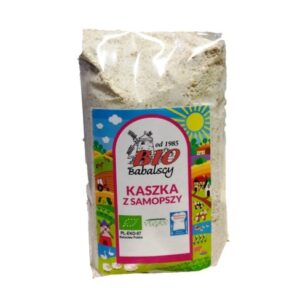 Opakowanie kaszki z samopszy marki Bio Babalscy z kolorową etykietą i ekologicznymi certyfikatami.