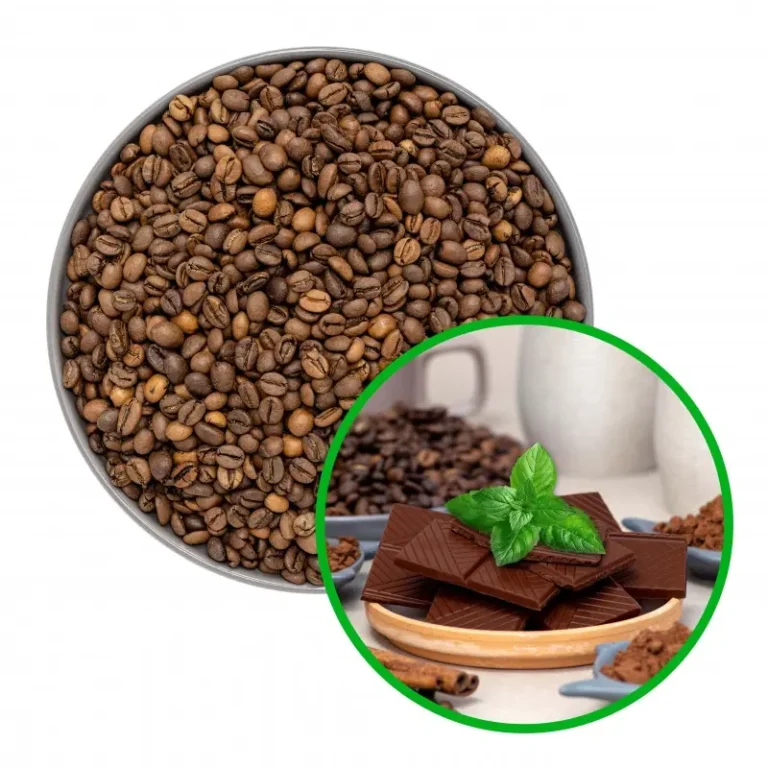 Ziarna kawy w misce i tabliczka czekolady z liśćmi mięty na talerzu, w tle kawałki czekolady i ziarna.