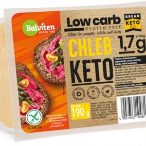 Opakowanie chleba keto Balviten, niskowęglowodanowego, bezglutenowego, 190g, z kolorową etykietą i informacjami o składzie.