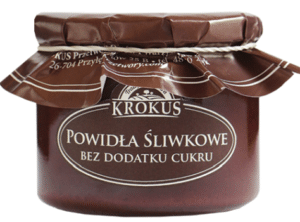Słoik powideł śliwkowych Krokus bez dodatku cukru, 300g, na białym tle.