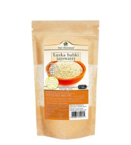 Opakowanie łuski babki jajowatej Pięć Przemian, 150g, z pomarańczową miseczką na etykiecie.