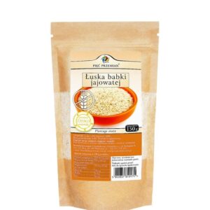 Opakowanie łuski babki jajowatej Pięć Przemian, 150g, z pomarańczową miseczką na etykiecie.