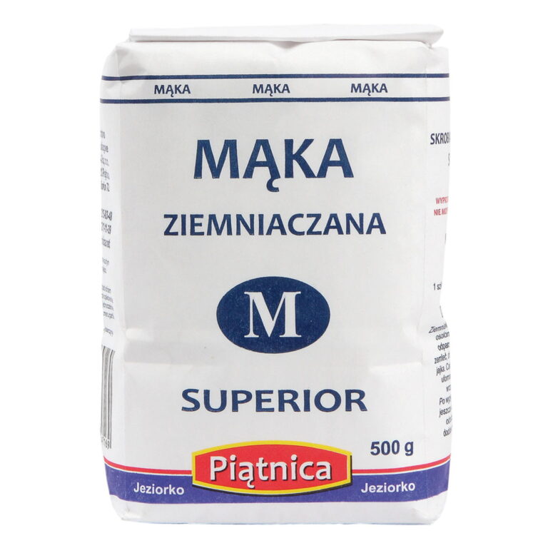 Opakowanie mąki ziemniaczanej Piątnica Superior 500g z etykietą w kolorze białym i niebieskim.
