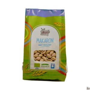 Opakowanie makaronu białego orkiszowego Babalscy, 500g, z kolorową etykietą i certyfikatami ekologicznymi.