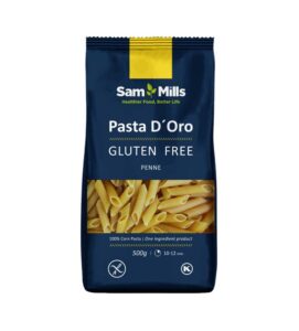 Opakowanie makaronu penne bezglutenowego Sam Mills Pasta D’Oro z kukurydzy, 500g.