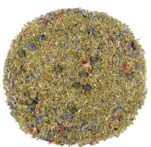 Mieszanka Yerba Mate z suszonymi ziołami i kwiatami, zbliżenie na aromatyczną kompozycję herbacianą.