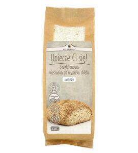 Bezglutenowa mieszanka do wypieku chleba jasnego, 440g, produkt wegański, wyprodukowano w Polsce.