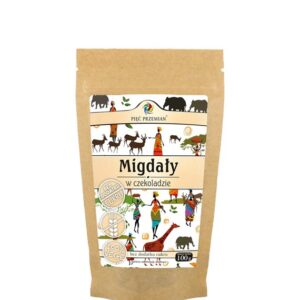 Opakowanie migdałów w czekoladzie Pięć Przemian, bez dodatku cukru, 100% vege, 100 g.