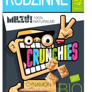 Opakowanie płatków Milzu! Crunchies, smak cynamonowy, 450 g, z ilustracją postaci i informacją o naturalnych składnikach.