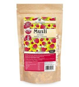 Opakowanie musli bezglutenowego z maliną i morwą, 500g, marki Pięć Przemian. Produkt polski, 50% owoców i nasion.