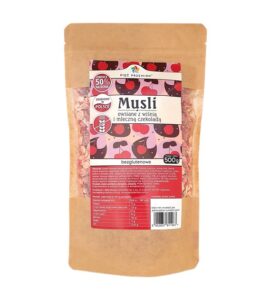 Opakowanie musli bezglutenowego owsianego z wiśnią i mleczną czekoladą, 500g Piec Przemian.