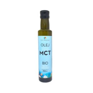 Butelka oleju MCT z kokosa, bio, keto-friendly, marki Pięć Przemian, 250 ml.