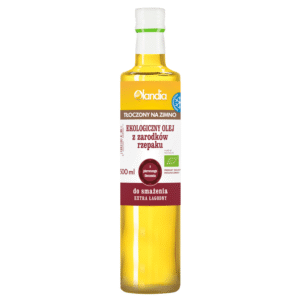 olej-z-zarodkow-rzepaku-do-smazenia-tloczony-na-zimno-bio-500-ml-olandia Butelka ekologicznego oleju z zarodków rzepaku, 500 ml, tłoczony na zimno, do smażenia.
