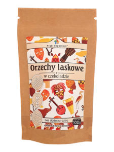Opakowanie orzechów laskowych w czekoladzie, bez cukru, 100% vege, 100g, marki Pięć Przemian.