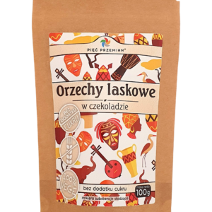 Opakowanie orzechów laskowych w czekoladzie, bez cukru, 100% vege, 100g, marki Pięć Przemian.