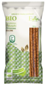 Ekologiczne pełnoziarniste paluszki orkiszowe, solone, opakowanie 150g. Produkt wegański, źródło błonnika.