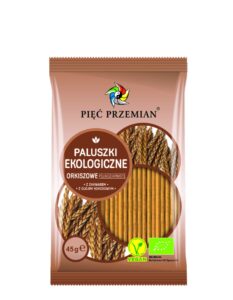 Ekologiczne paluszki orkiszowe z zakwasem i olejem kokosowym, 45g, wegańskie, od Pięć Przemian.