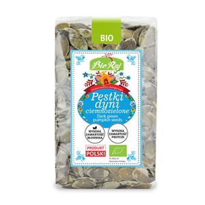 Opakowanie ekologicznych pestek dyni Bio Raj, produkt polski, ciemnozielone, bogate w białko i błonnik.