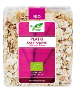 Opakowanie ekologicznych płatków kasztanowych Bio Planet, certyfikowane rolnictwo UE.