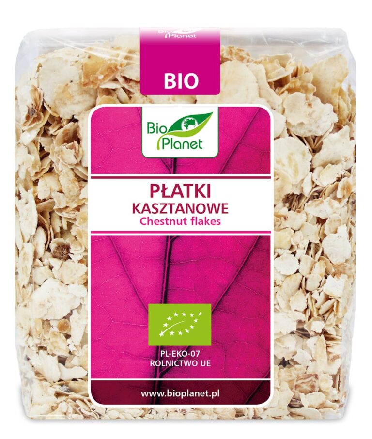 Opakowanie ekologicznych płatków kasztanowych Bio Planet, certyfikowane rolnictwo UE.