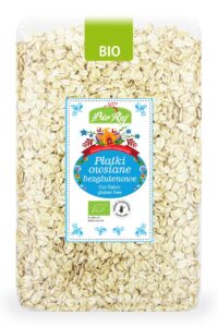 Opakowanie ekologicznych, bezglutenowych płatków owsianych marki Bio Raj.
