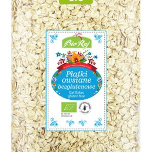 Opakowanie ekologicznych, bezglutenowych płatków owsianych marki Bio Raj.