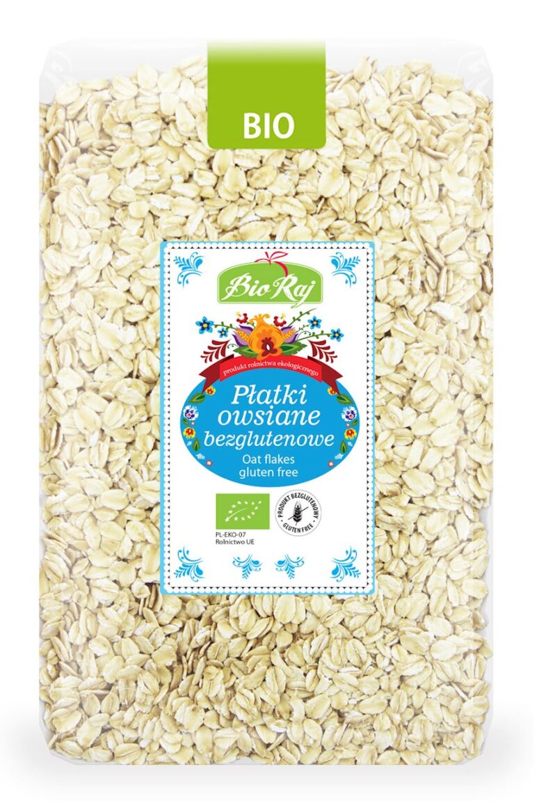 Opakowanie ekologicznych, bezglutenowych płatków owsianych marki Bio Raj.